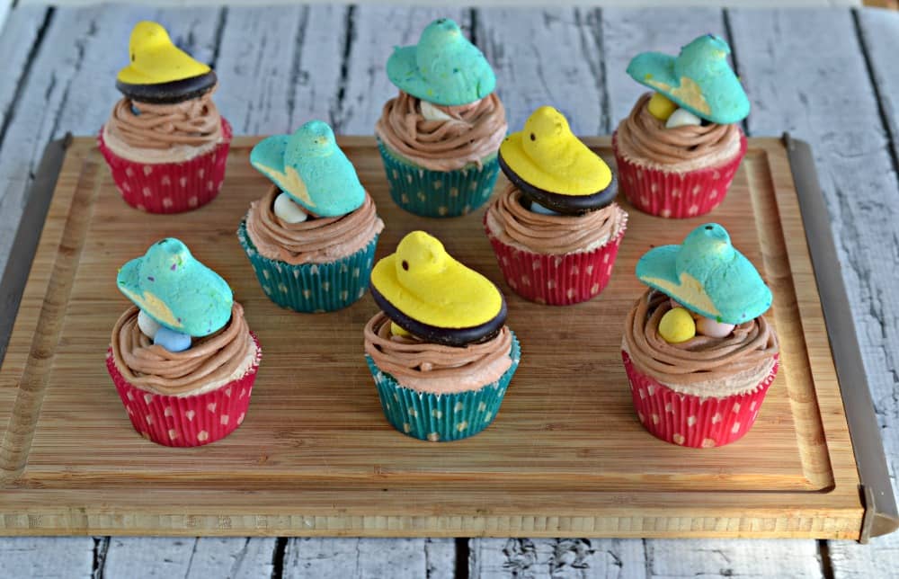 Cupcakes with Peeps on top; 21 different chocolate treats in this blog post round-up are swoon-worthy; 21 Chocolate Easter Treats round-up 2023; assembled by Jane Bonacci, The Heritage Cook. 