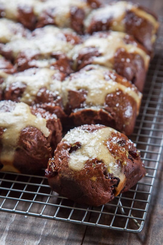 A tray of chocolate hot cross buns; 21 different chocolate treats in this blog post round-up are swoon-worthy; 21 Chocolate Easter Treats round-up 2023; assembled by Jane Bonacci, The Heritage Cook. 