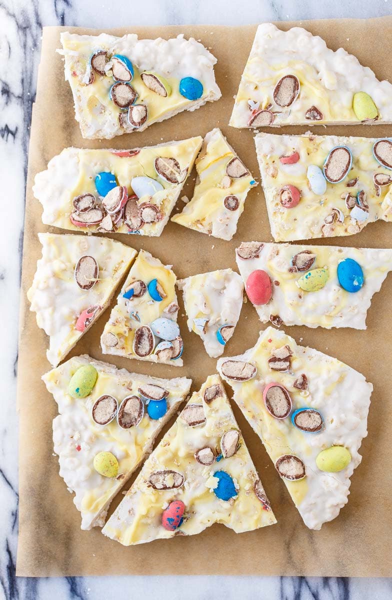 Crispy Easter Bark; 21 different chocolate treats in this blog post round-up are swoon-worthy; 21 Chocolate Easter Treats round-up 2023; assembled by Jane Bonacci, The Heritage Cook. 