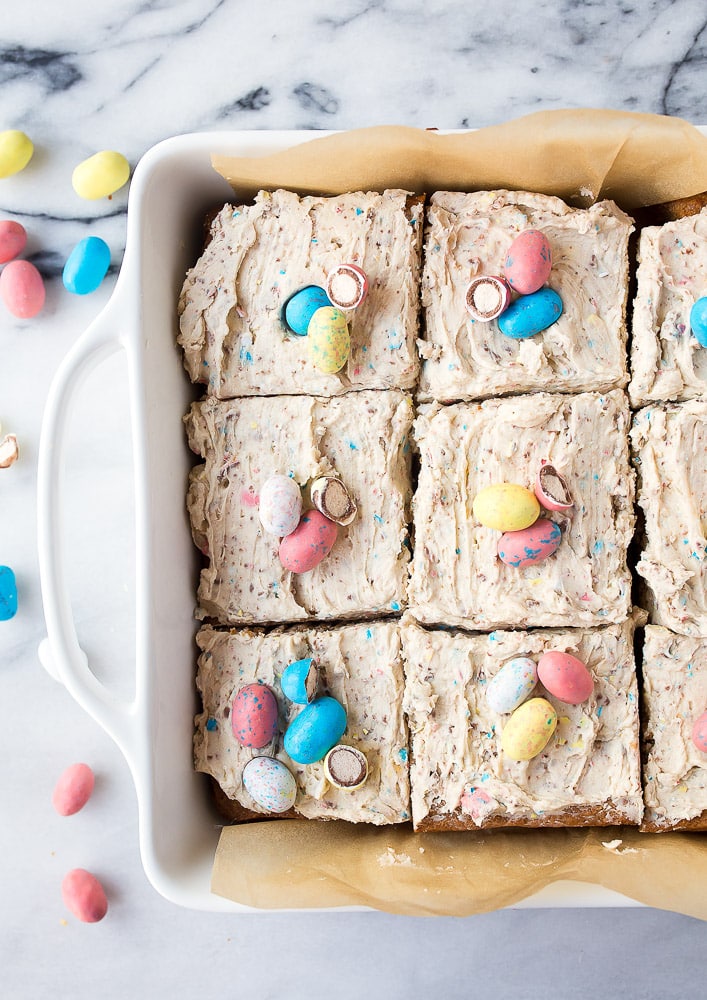 Robin egg blondies in square pan; 21 different chocolate treats in this blog post round-up are swoon-worthy; 21 Chocolate Easter Treats round-up 2023; assembled by Jane Bonacci, The Heritage Cook. 