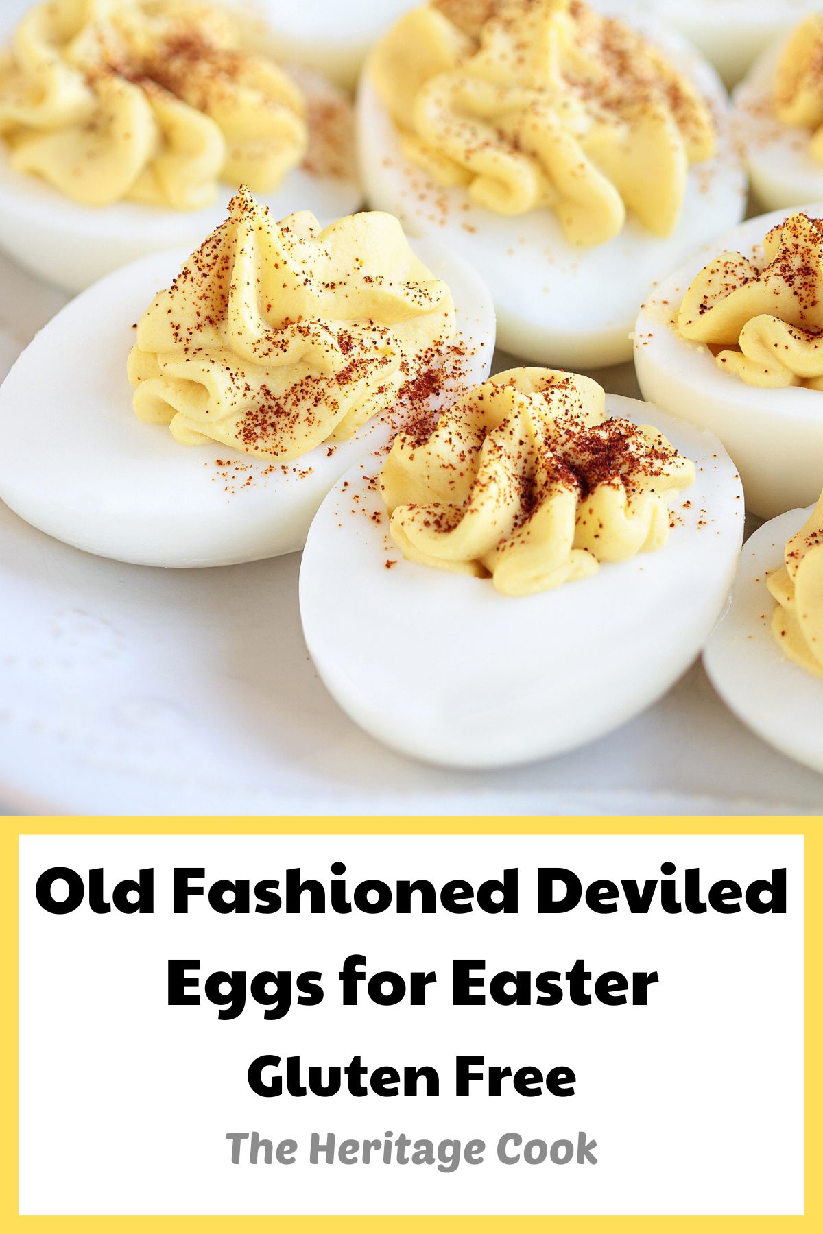 Hard boiled eggs sliced in half and filled with the yolk mixture and sprinkled with paprika; Old Fashioned Deviled Eggs and Perfectly Cooked Eggs; 2023 Jane Bonacci, The Heritage Cook. 