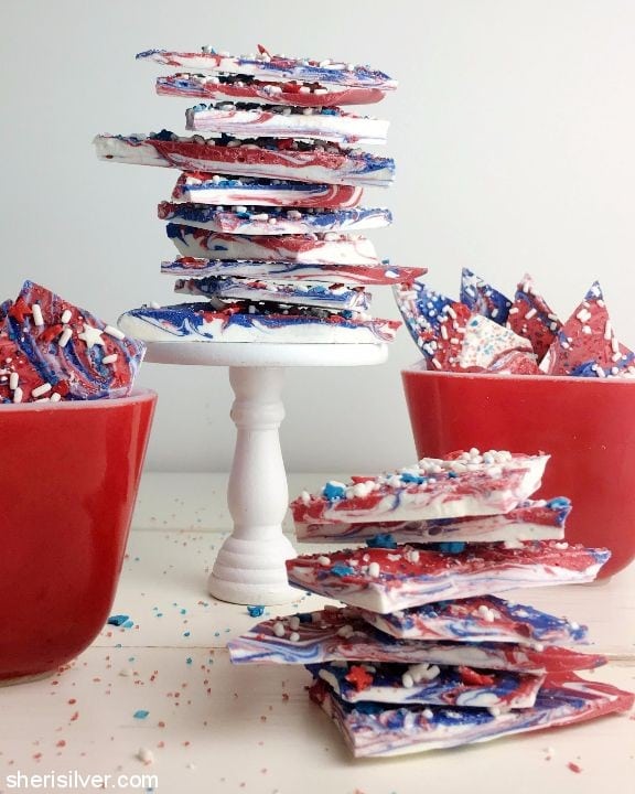 red white and blue bark; Collection of 10 of the Best 4th of July Chocolate Treats compiled by Jane Bonacci, The Heritage Cook. 