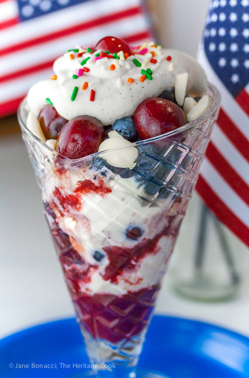 Layered ice cream sundae with red, white, and blue berries; Collection of 10 of the Best 4th of July Chocolate Treats compiled by Jane Bonacci, The Heritage Cook. 