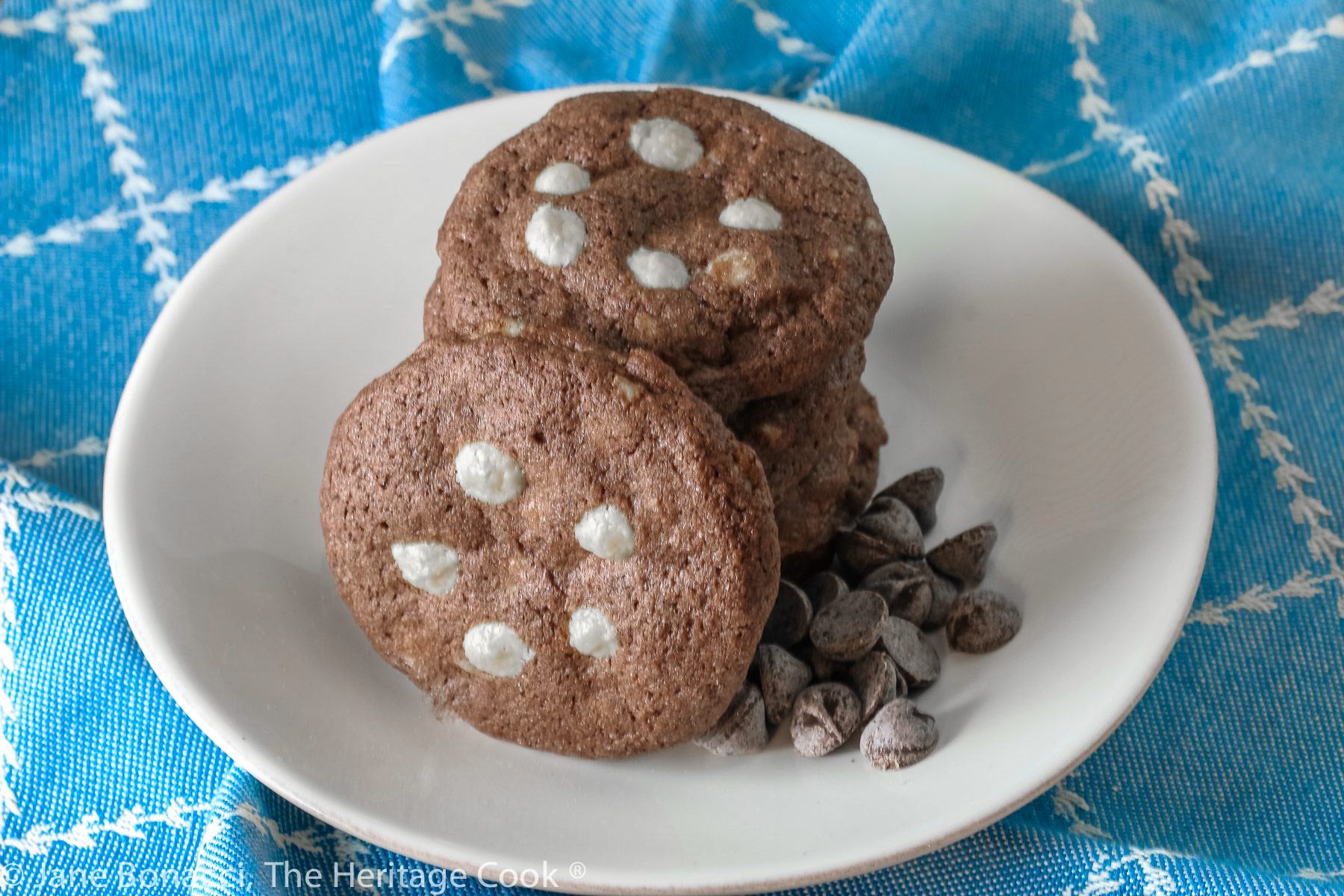 A stack of 5 dark chocolate cookies with white chocolate chips arranged on the top of each cookie, some with a cookie propped up against the stack, all on a white plate; Quadruple Chocolate Cookies © 2023 Jane Bonacci, The Heritage Cook. 