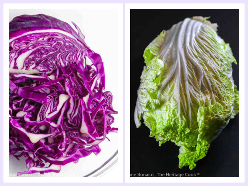 Two images, one of purple cabbage and one of green Napa cabbage, side by side. 
