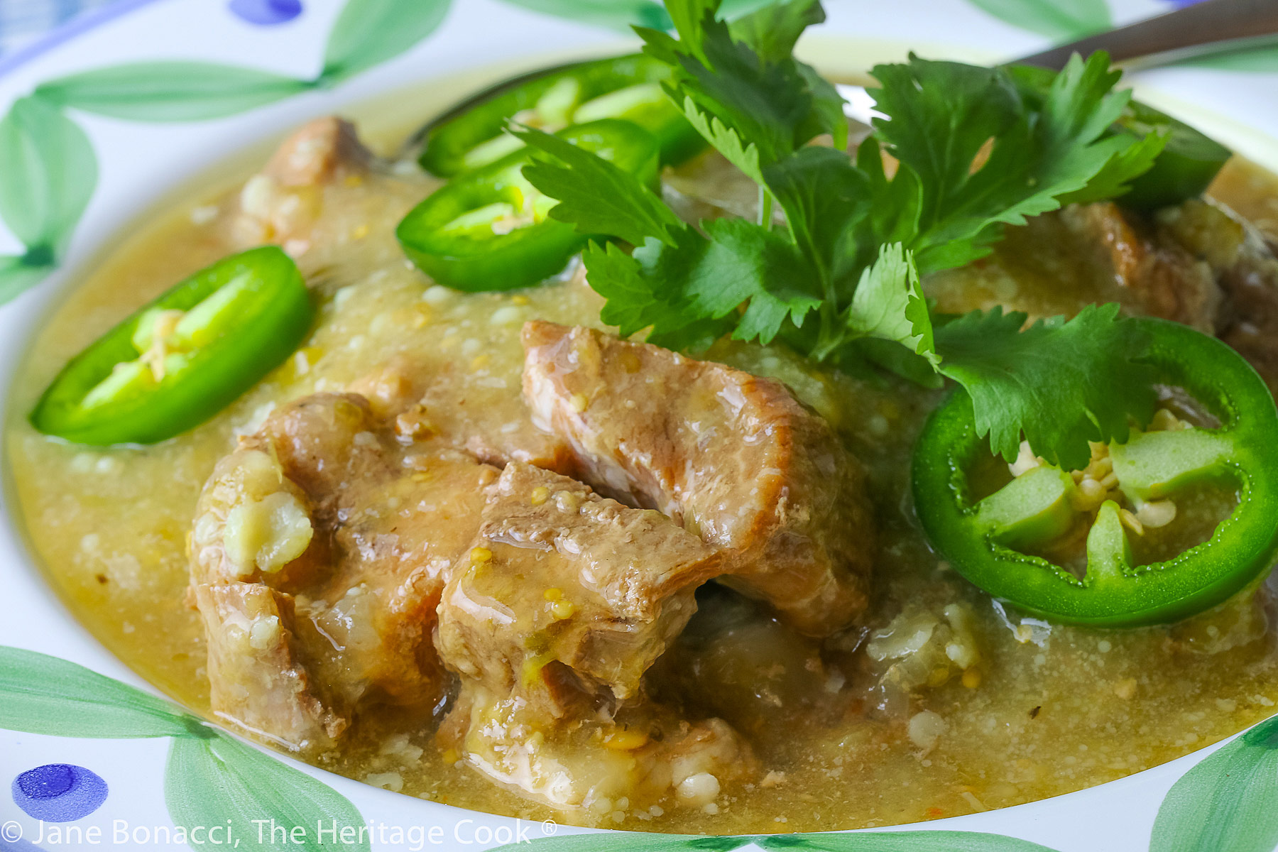 Pork Chile Verde with sliced jalapeno peppers and cilantro. 