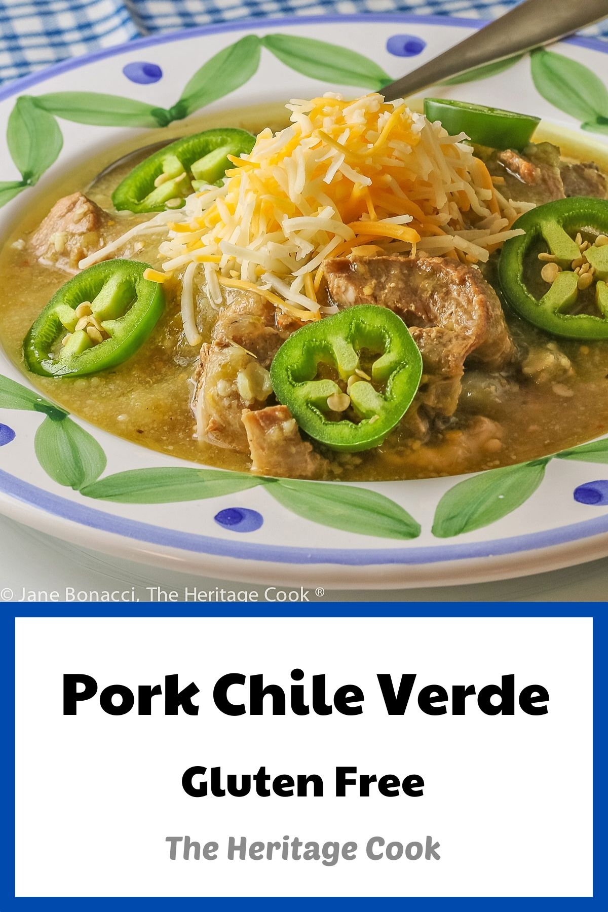 Colorful decorated bowl filled to the rim with Pork Chile Verde, topped with cheese, sliced jalapenos, and cilantro © 2023 Jane Bonacci, The Heritage Cook. 