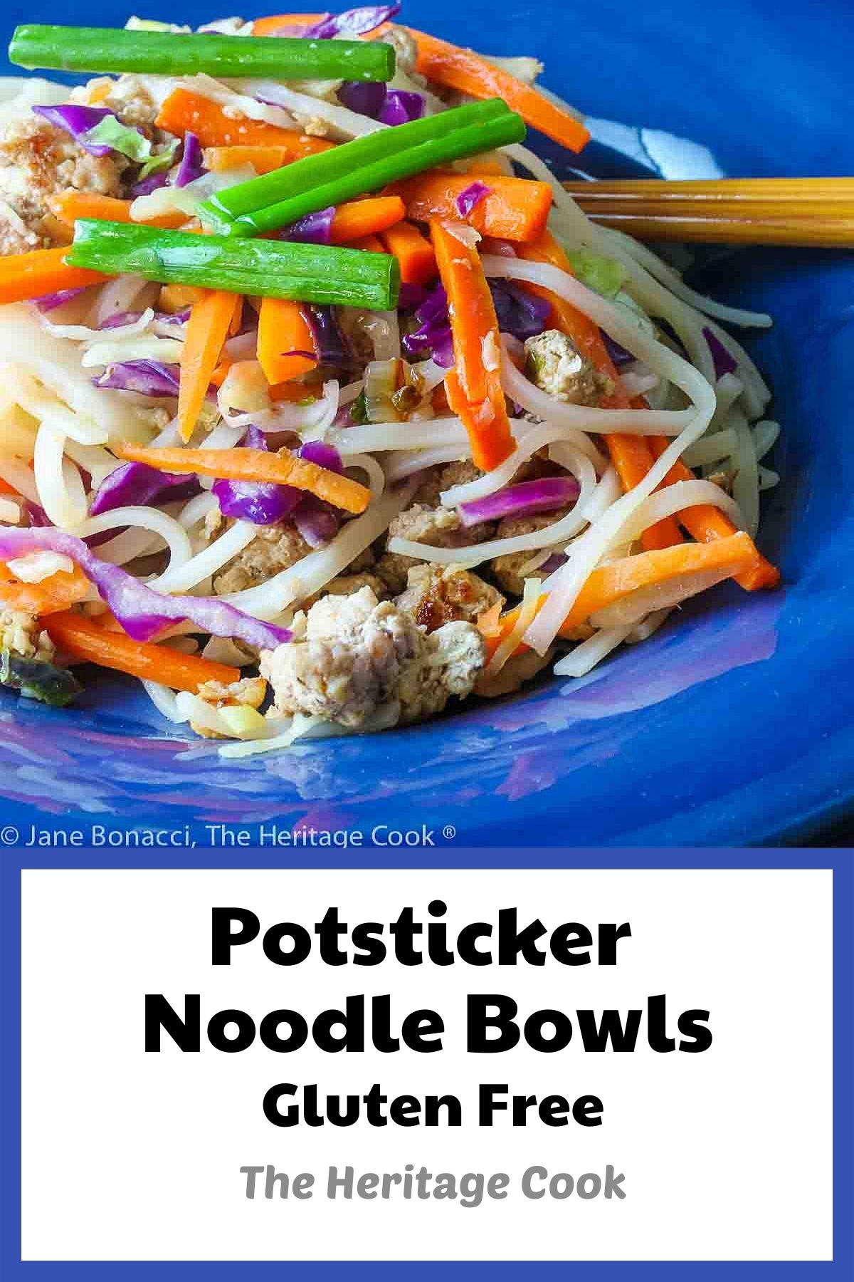 Big serving of noodles, pork, and bright vegetables in a bold blue bowl with chopsticks in the back, sitting on a colorful plaid background © 2023 Jane Bonacci, The Heritage Cook. 