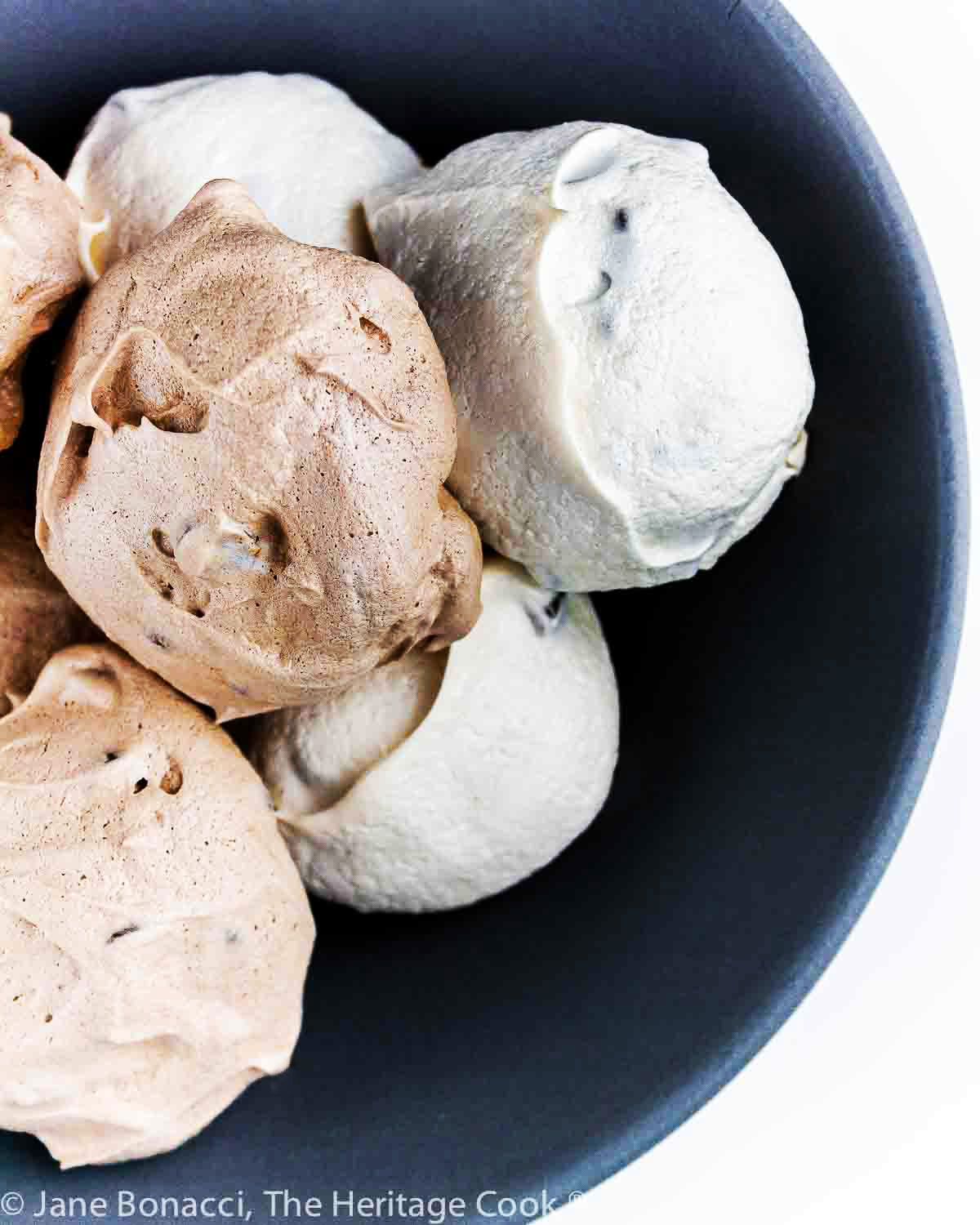 Chocolate & Vanilla Meringues; Collection of the Top 10 Chocolate Recipes from 2023 on The Heritage Cook website © 2023 compiled by Jane Bonacci, The Heritage Cook. 
