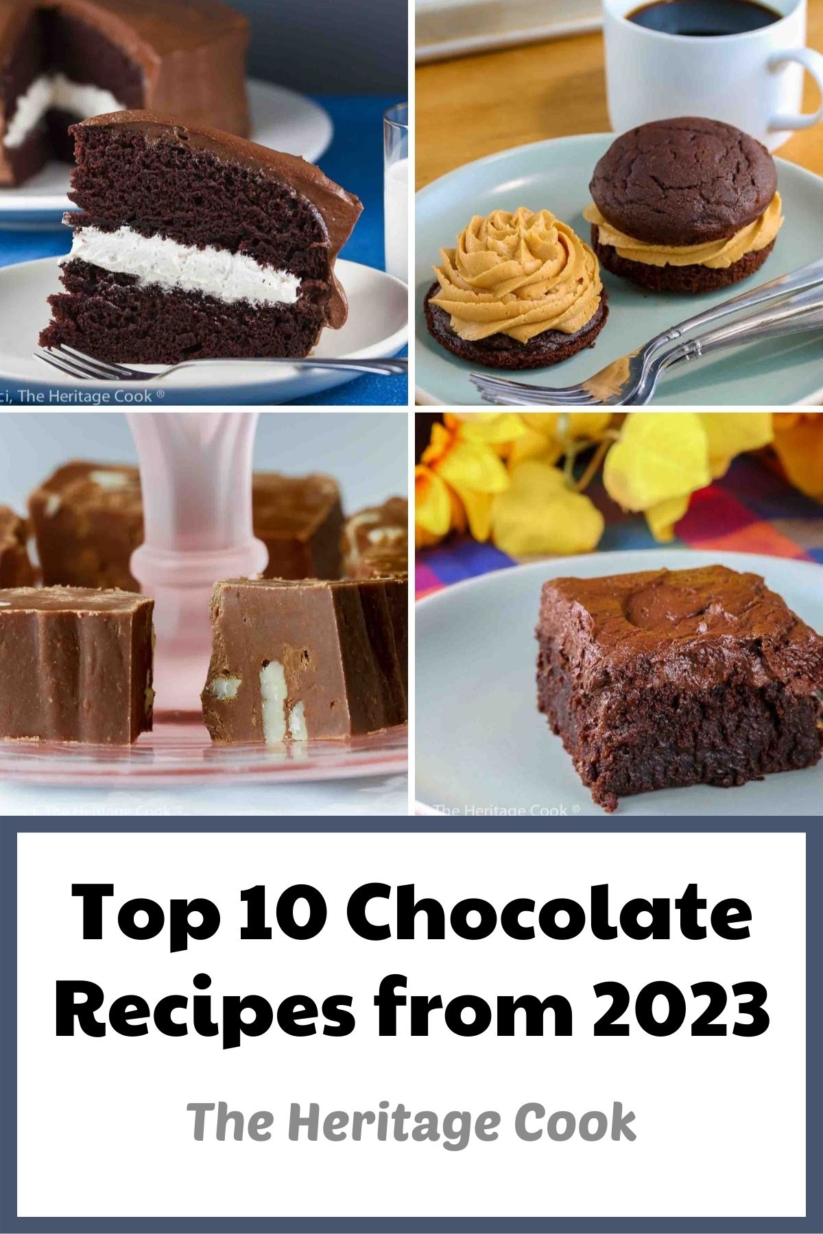 Collection of the Top 10 Chocolate Recipes from 2023 on The Heritage Cook website © 2023 compiled by Jane Bonacci, The Heritage Cook. 