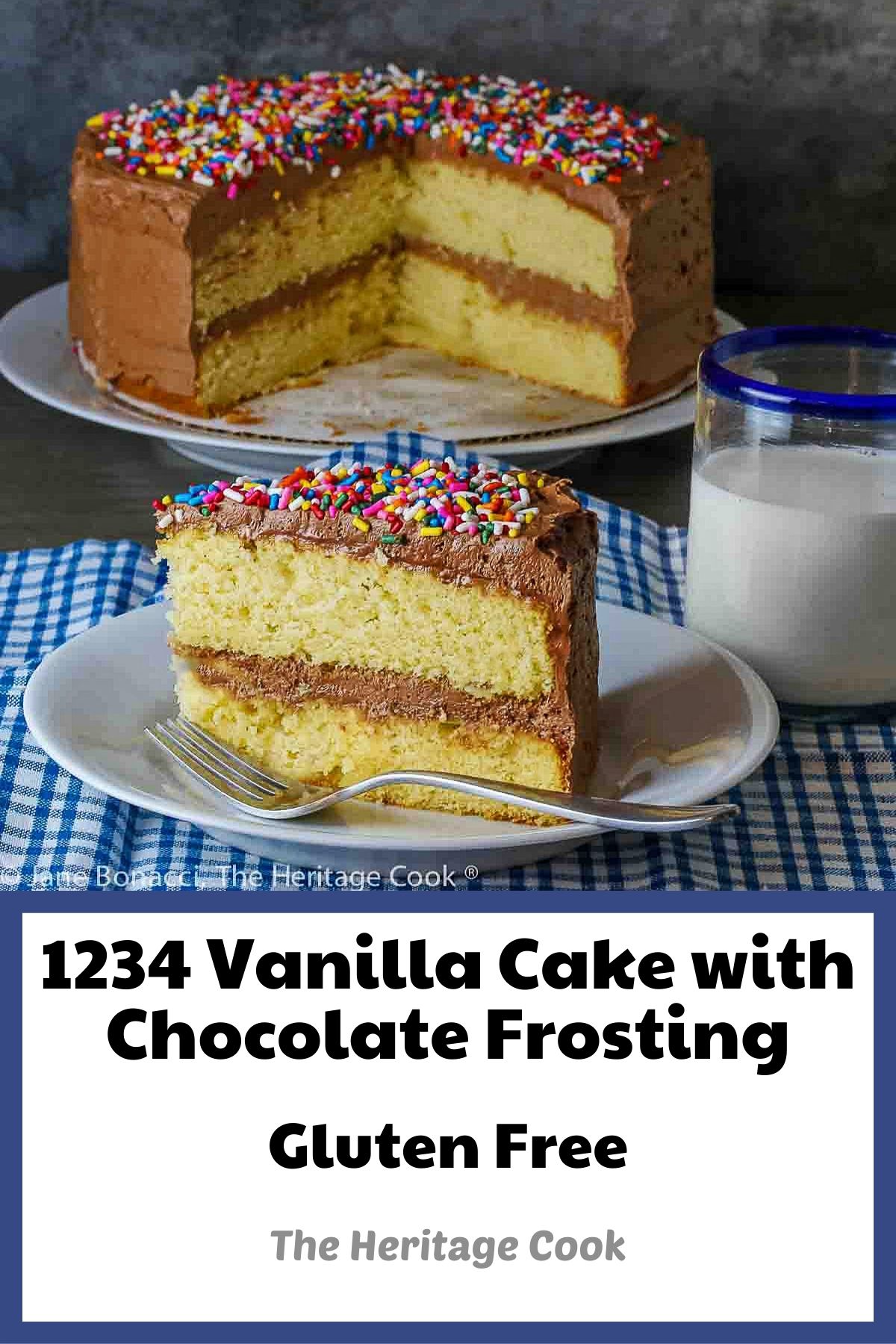 1234 Vanilla Cake with Chocolate Frosting layer cake; slice on a white plate in front of the whole cake with slices cut out of it; covered in colorful sprinkles on the top and a glass of milk behind it; © 2024 Jane Bonacci, The Heritage Cook.