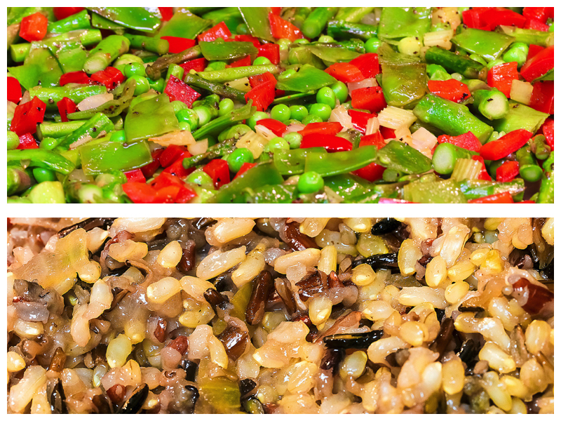 Top - Sautéing vegetables; and Bottom - cooked brown and wild rice blend. 