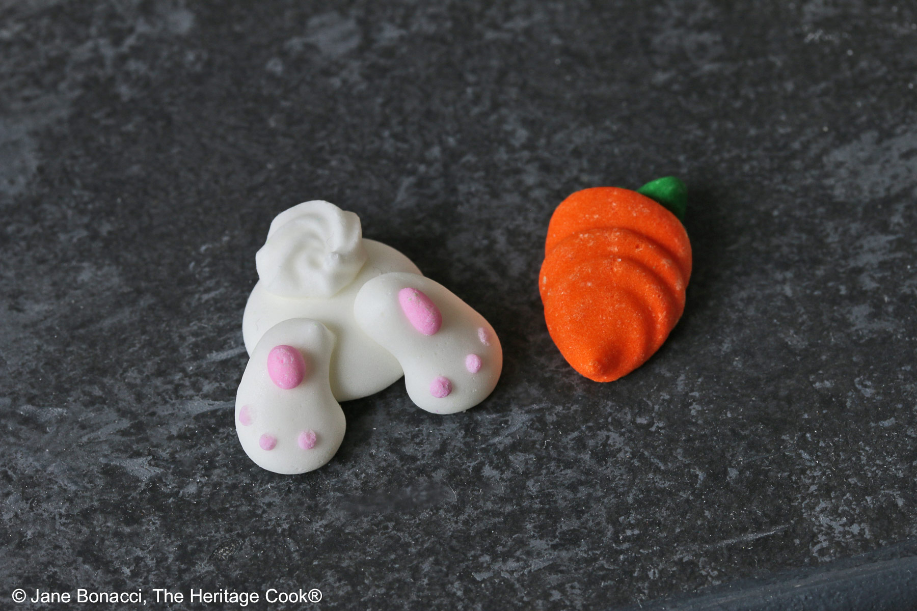 Special formed fun candy decorations, a bunny butt and a carrot. 