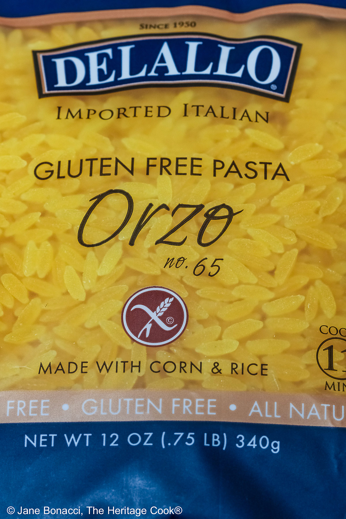 Bag of DeLallo Gluten-Free Orzo pasta. 