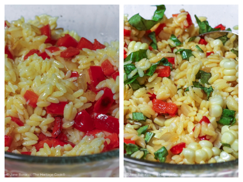 two photos of in process bowls of pasta and corn, one with red bell peppers added and the second with the chopped basil. 