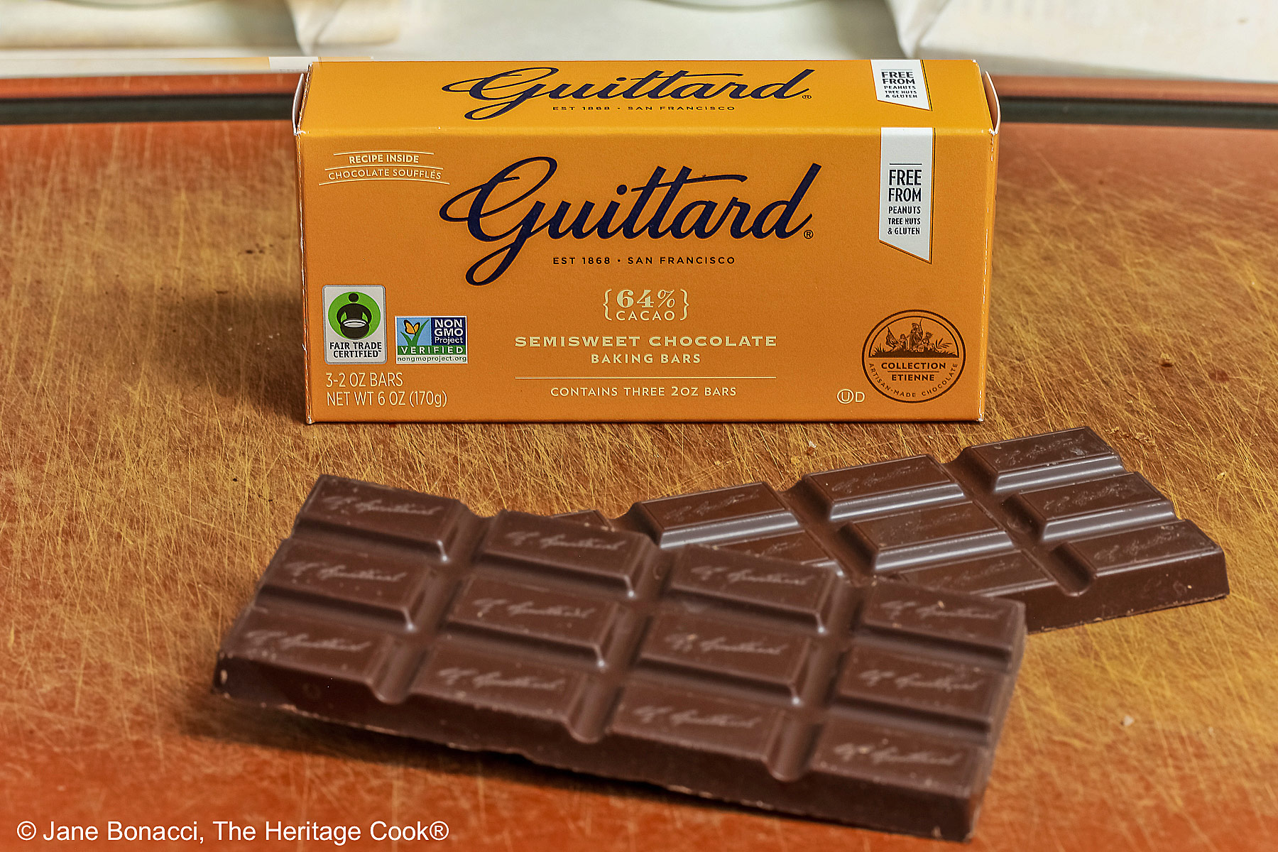 Box of Guittard semisweet chocolate with two bars in front. My favorite chocolate to use in baking! 