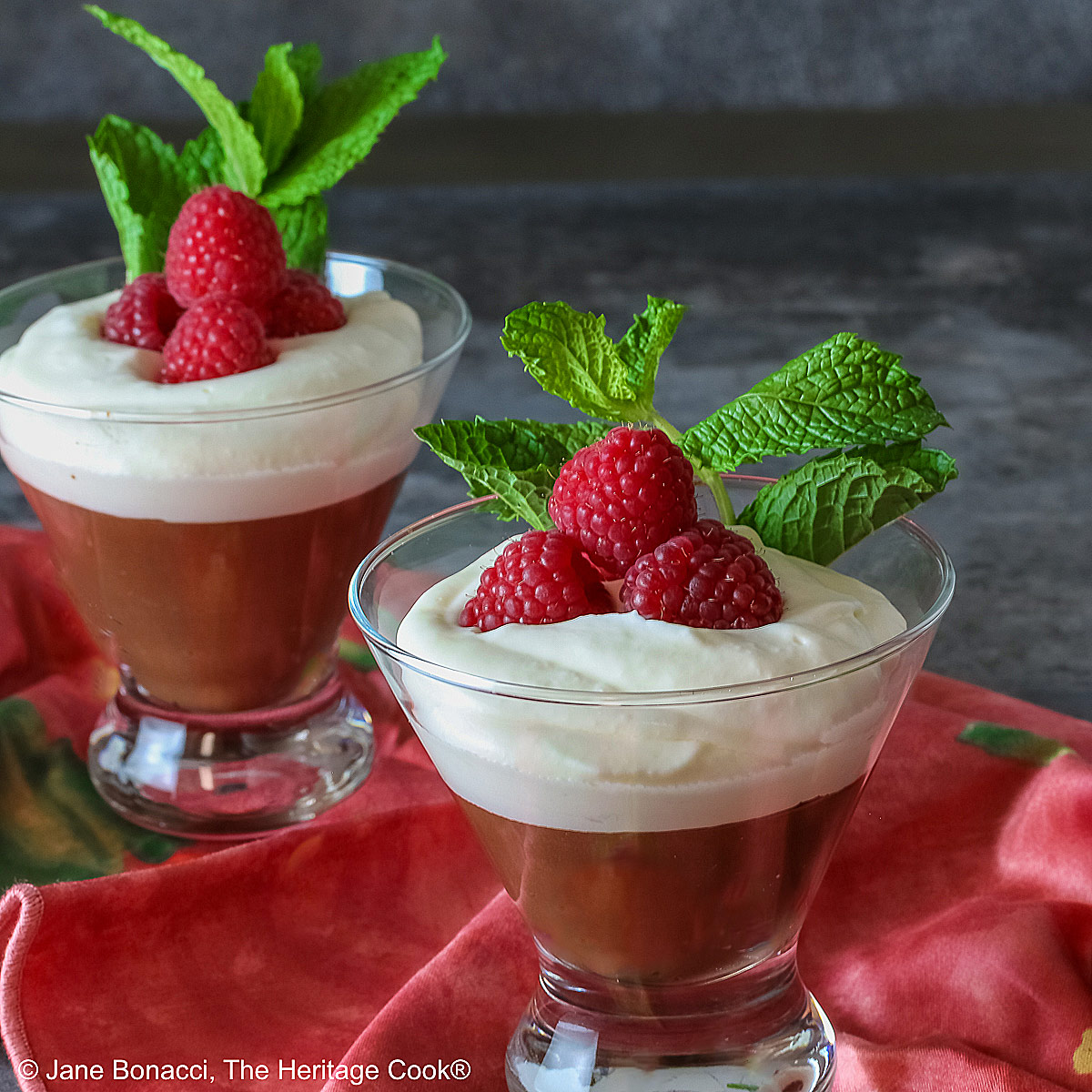 Two glass dishes with Egg-Free Bourbon Chocolate Mousse topped with freshly whipped cream and garnished with fresh raspberries and a sprig of mint, sitting on a deep pink/red cloth © 2025 Jane Bonacci, The Heritage Cook.