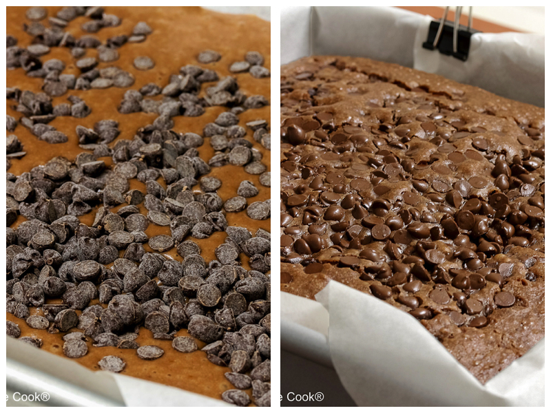 Before and after baking shots with mini chocolate chips on top of the cake. 