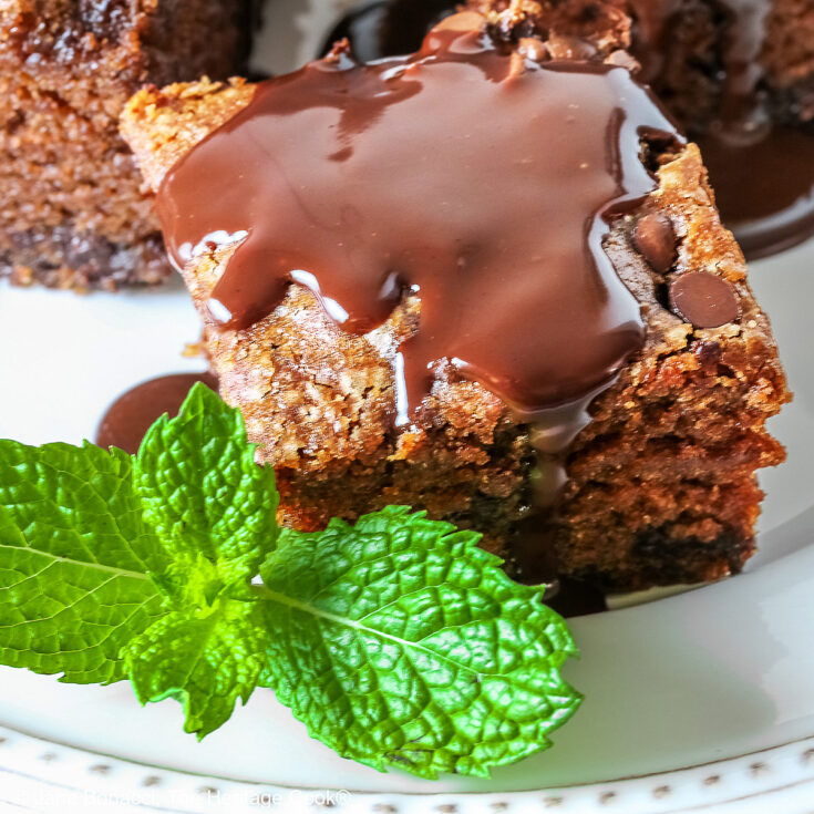 3 squares of Egg-Free Chocolate, Chocolate Chip Cake on a white plate with a couple of sprigs of mint, sitting on a brightly colored plaid cloth © 2025 Jane Bonacci, The Heritage Cook.