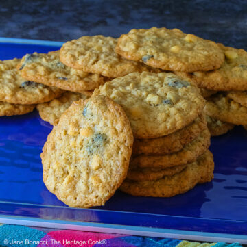 Elongated pile of White Chocolate Oatmeal Cherry cookies in the back with a stack of cookies in front and a single cookie propped against the stack on a blue rectangular platter with a multi-color cloth in front © 2025 Jane Bonacci, The Heritage Cook.