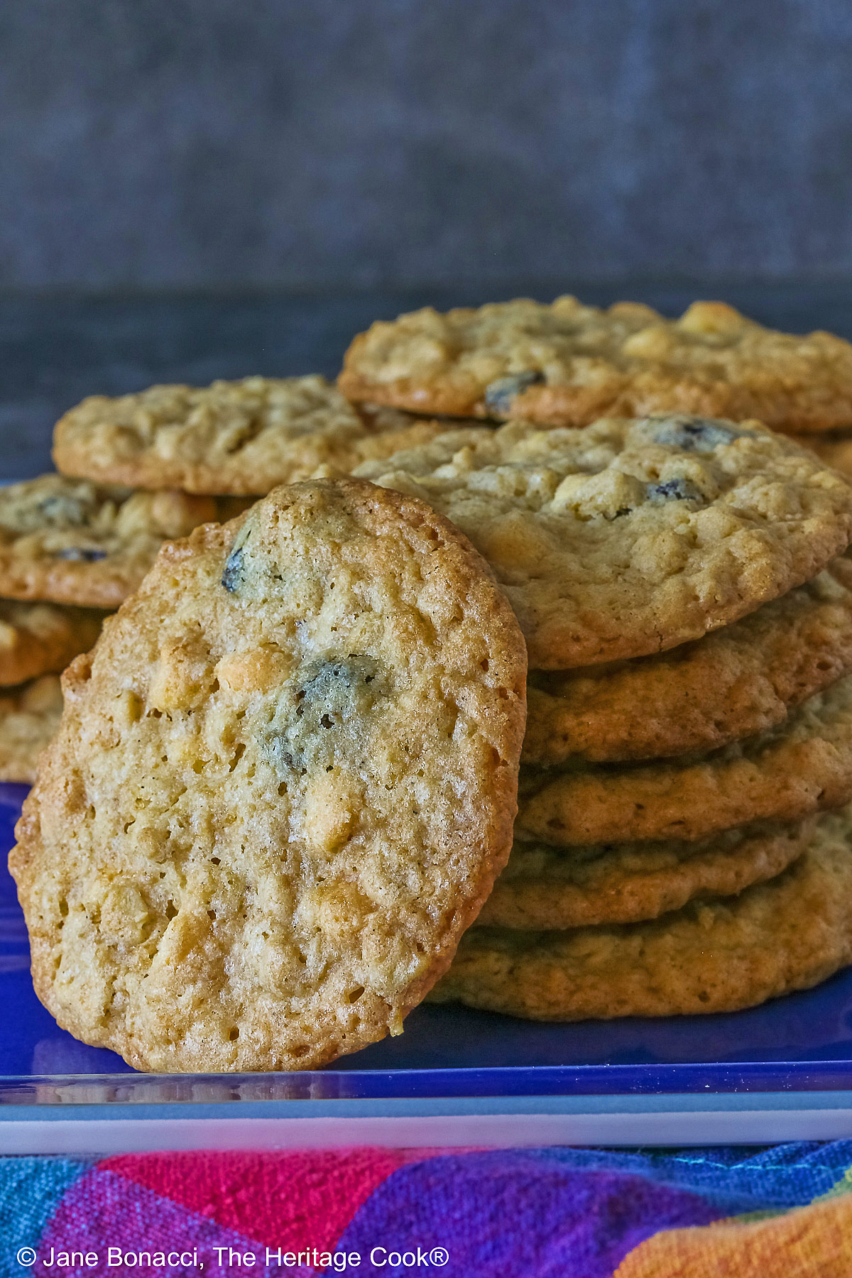 Elongated pile of White Chocolate Oatmeal Cherry cookies in the back with a stack of cookies in front and a single cookie propped against the stack on a blue rectangular platter with a multi-color cloth in front © 2025 Jane Bonacci, The Heritage Cook.