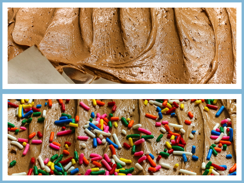 Two images - Top = freshly frosted cake; Bottom = frosting with festive colorful sprinkles.