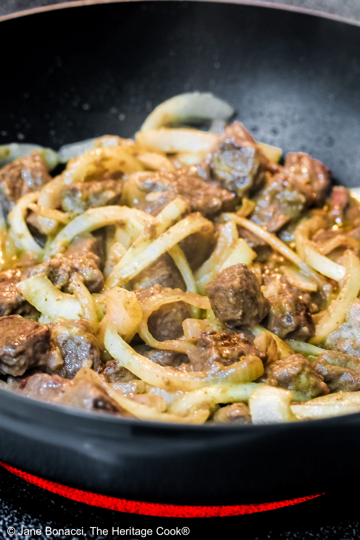 Wide rimmed white bowl filled with Easy Homemade Beef Stroganoff with pasta, beef, and sauce, topped with a dollop of sour cream and sprinkled with chopped green onions, sitting on a black background © 2025 Jane Bonacci, The Heritage Cook.