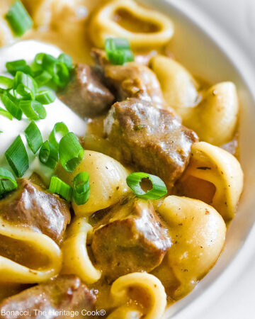 Wide rimmed white bowl filled with Easy Homemade Beef Stroganoff with pasta, beef, and sauce, topped with a dollop of sour cream and sprinkled with chopped green onions, sitting on a black background © 2025 Jane Bonacci, The Heritage Cook.