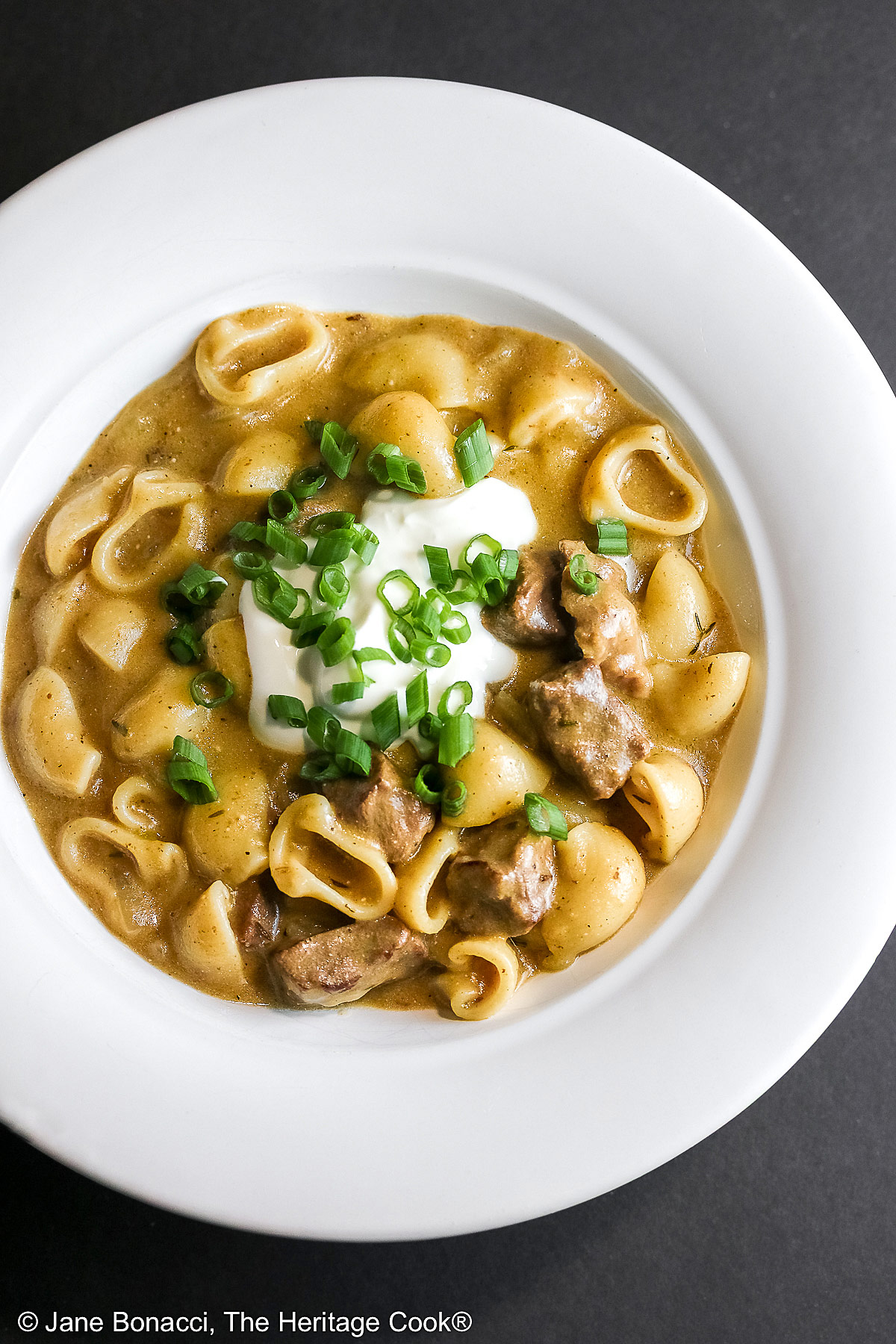 Wide rimmed white bowl filled with Easy Homemade Beef Stroganoff with pasta, beef, and sauce, topped with a dollop of sour cream and sprinkled with chopped green onions, sitting on a black background © 2025 Jane Bonacci, The Heritage Cook.