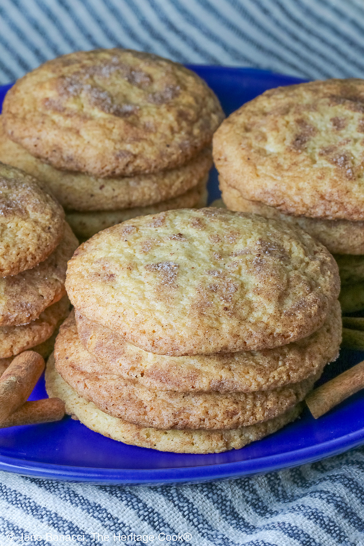 Four stacks of golden Amish White Chocolate Snickerdoodle Cookies piled on a blue plate with some cinnamon sticks crossed alongside, sitting on a pale blue striped cloth on a splattered dark gray background © 2025 Jane Bonacci, The Heritage Cook.