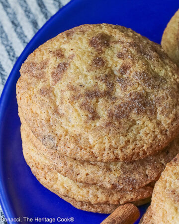 Four stacks of golden Amish White Chocolate Snickerdoodle Cookies piled on a blue plate with some cinnamon sticks crossed alongside, sitting on a pale blue striped cloth on a splattered dark gray background © 2025 Jane Bonacci, The Heritage Cook.