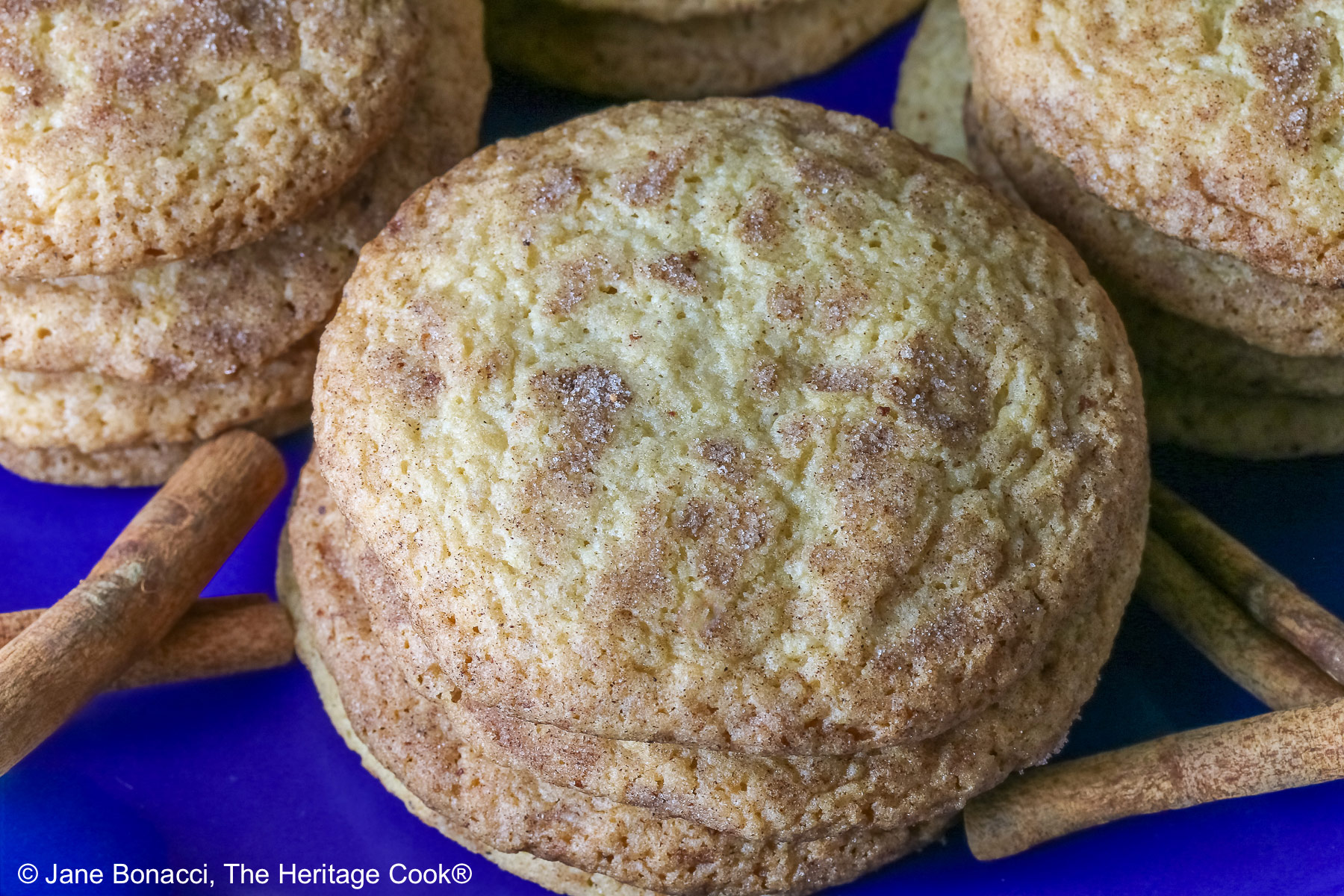 Four stacks of golden Amish White Chocolate Snickerdoodle Cookies piled on a blue plate with some cinnamon sticks crossed alongside, sitting on a pale blue striped cloth on a splattered dark gray background © 2025 Jane Bonacci, The Heritage Cook.