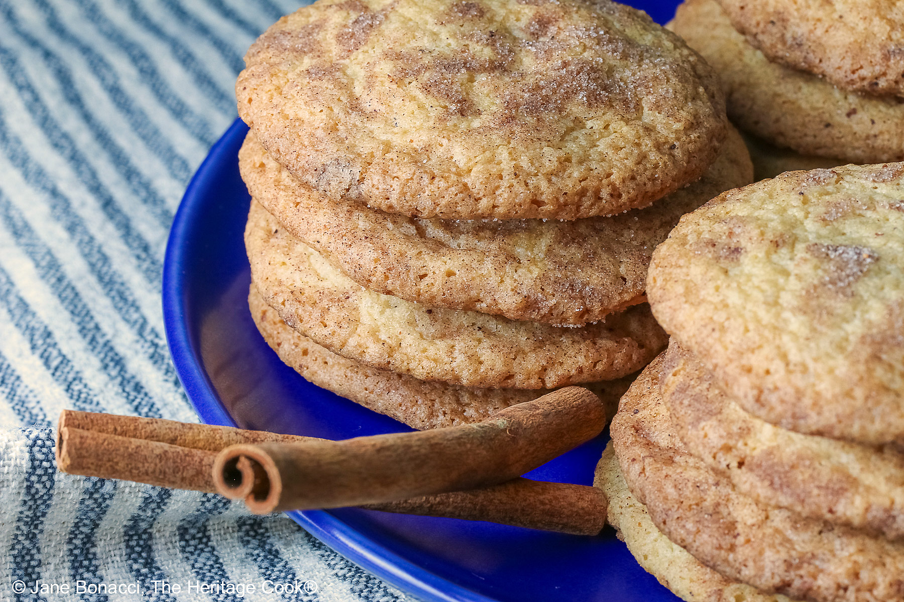 Four stacks of golden Amish White Chocolate Snickerdoodle Cookies piled on a blue plate with some cinnamon sticks crossed alongside, sitting on a pale blue striped cloth on a splattered dark gray background © 2025 Jane Bonacci, The Heritage Cook.