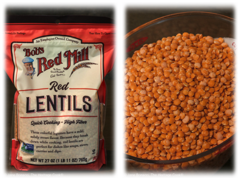 Two images side by side, a bag of red lentils and a cup filled with the beautiful coral colored lentils.