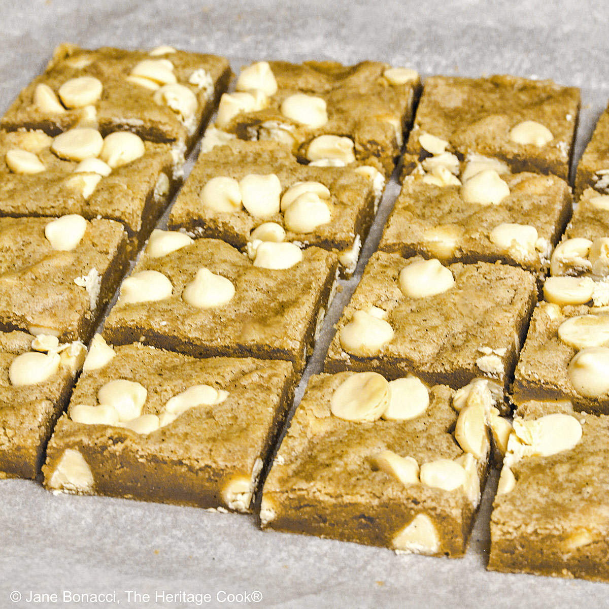 Fresh from the oven, blondies sliced on the cutting board.