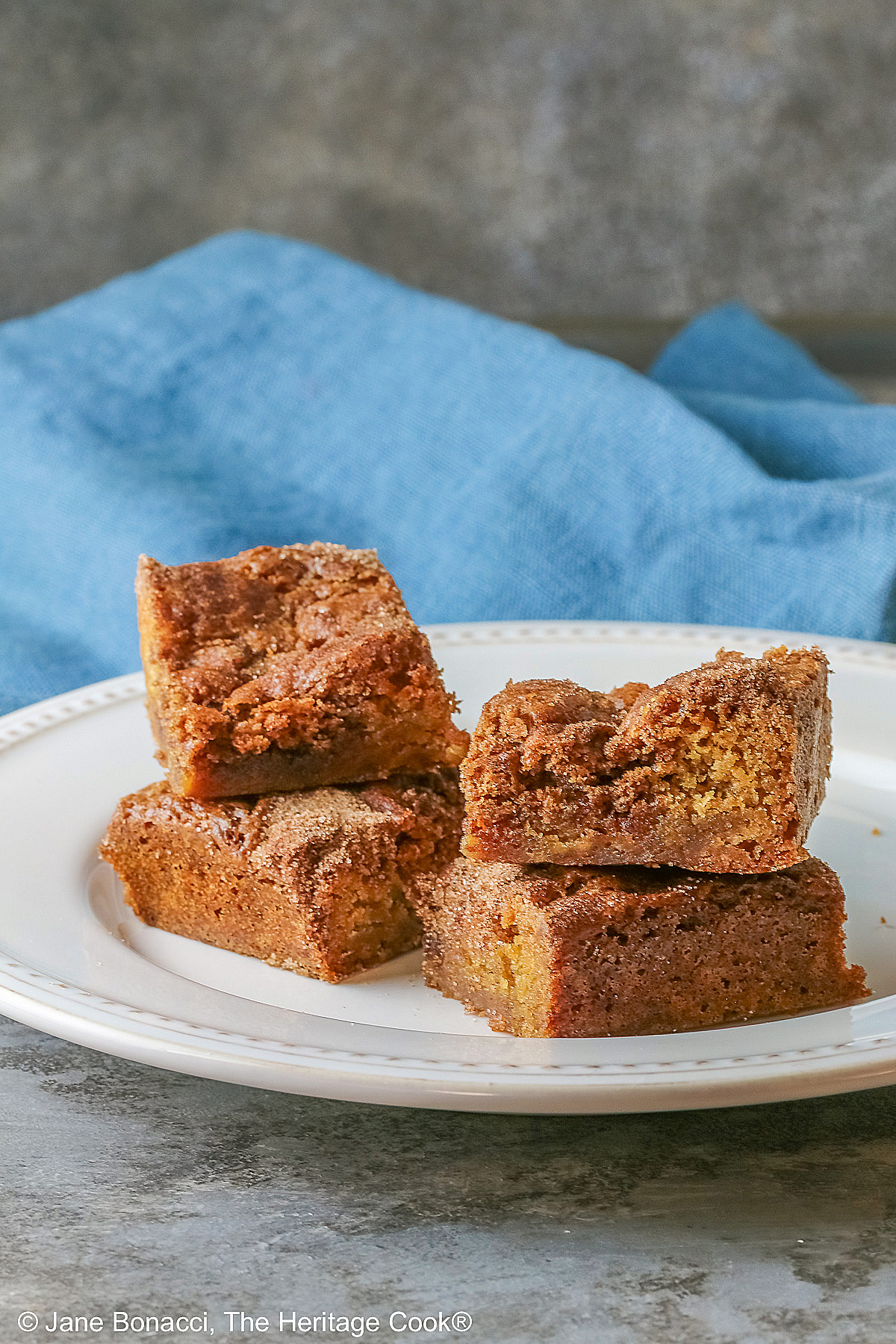 Four Cinnamon Sugar Blondies on a creamy white plate with small beads around the rim, set in a circle and stacks of two each, with a pale blue-teal cloth on a mottled gray background © 2026 Jane Bonacci, The Heritage Cook.