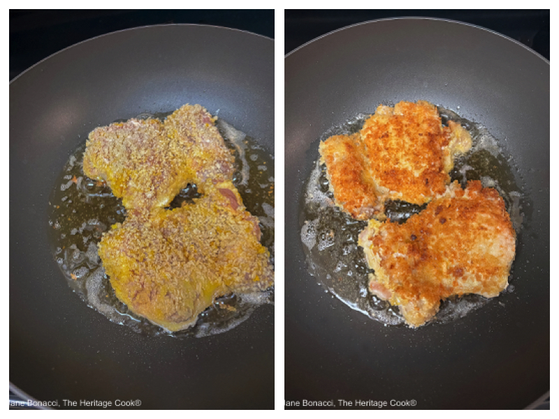 Breaded thighs in the fry pan with bubbling oil on the left, and golden fried chicken thighs on the right.