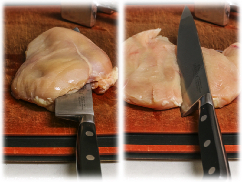 Showing how to cut the chicken into two pieces to make 4 cutlets.