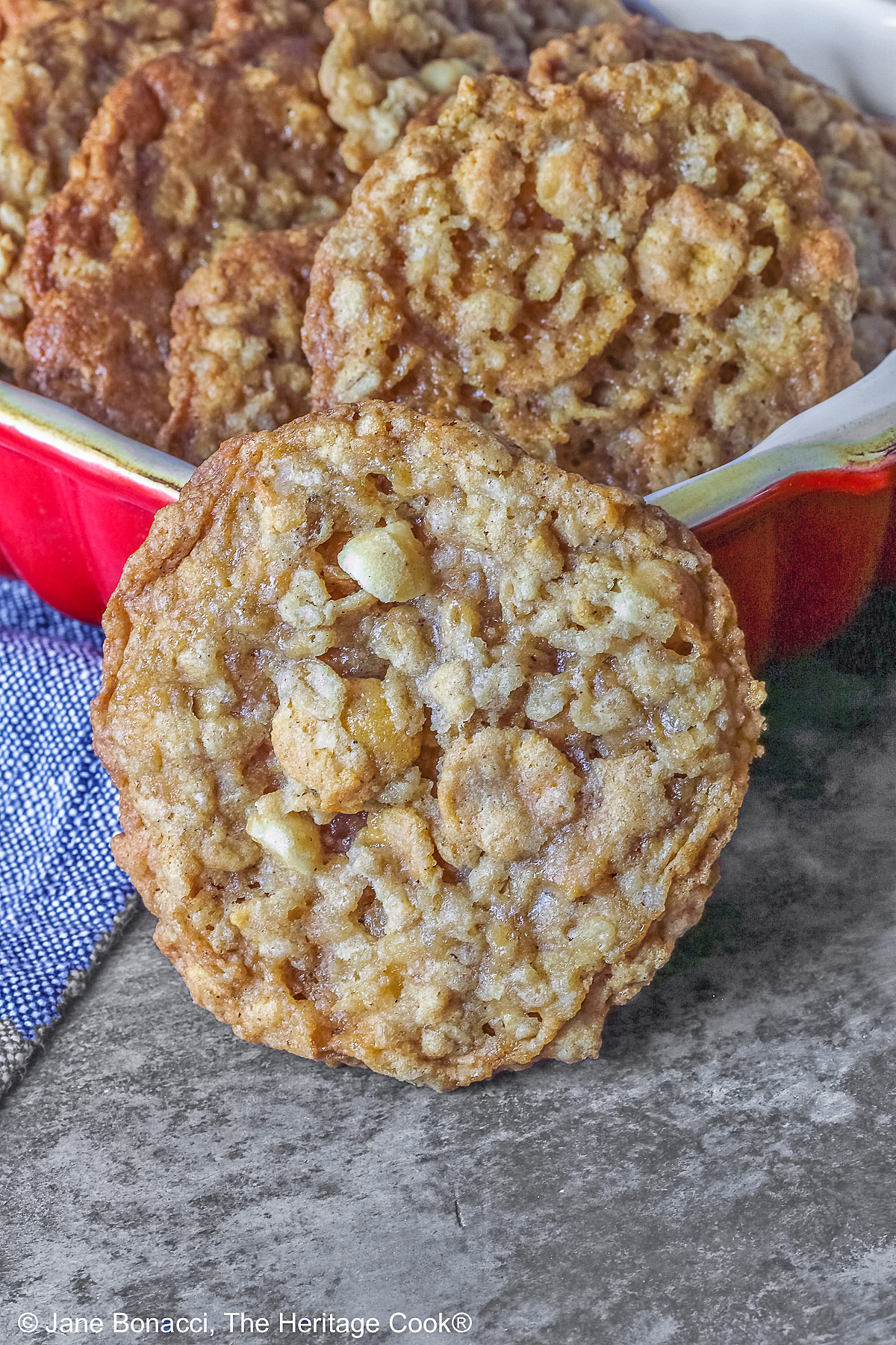 Golden brown Crunchy Oatmeal Cookies are standing upright in a small red baking dish, leaning against each other, with a glass of milk beside it and a single cookie propped up against the front of the dish. All sitting on a blue cloth with a gray background behind © 2026 Jane Bonacci, The Heritage Cook.