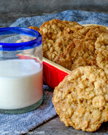 Golden brown Crunchy Oatmeal Cookies are standing upright in a small red baking dish, leaning against each other, with a glass of milk beside it and a single cookie propped up against the front of the dish. All sitting on a blue cloth with a gray background behind © 2026 Jane Bonacci, The Heritage Cook.