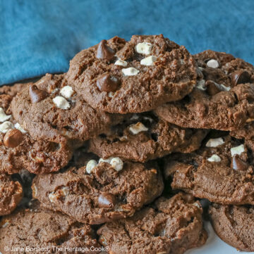 Hot Cocoa Cookies stacked in a wide pyramid shape, each cookie topped with extra micro mini marshmallow bits and chocolate chips, a big pile of dark brown chocolate cookies © 2026 Jane Bonacci, The Heritage Cook.