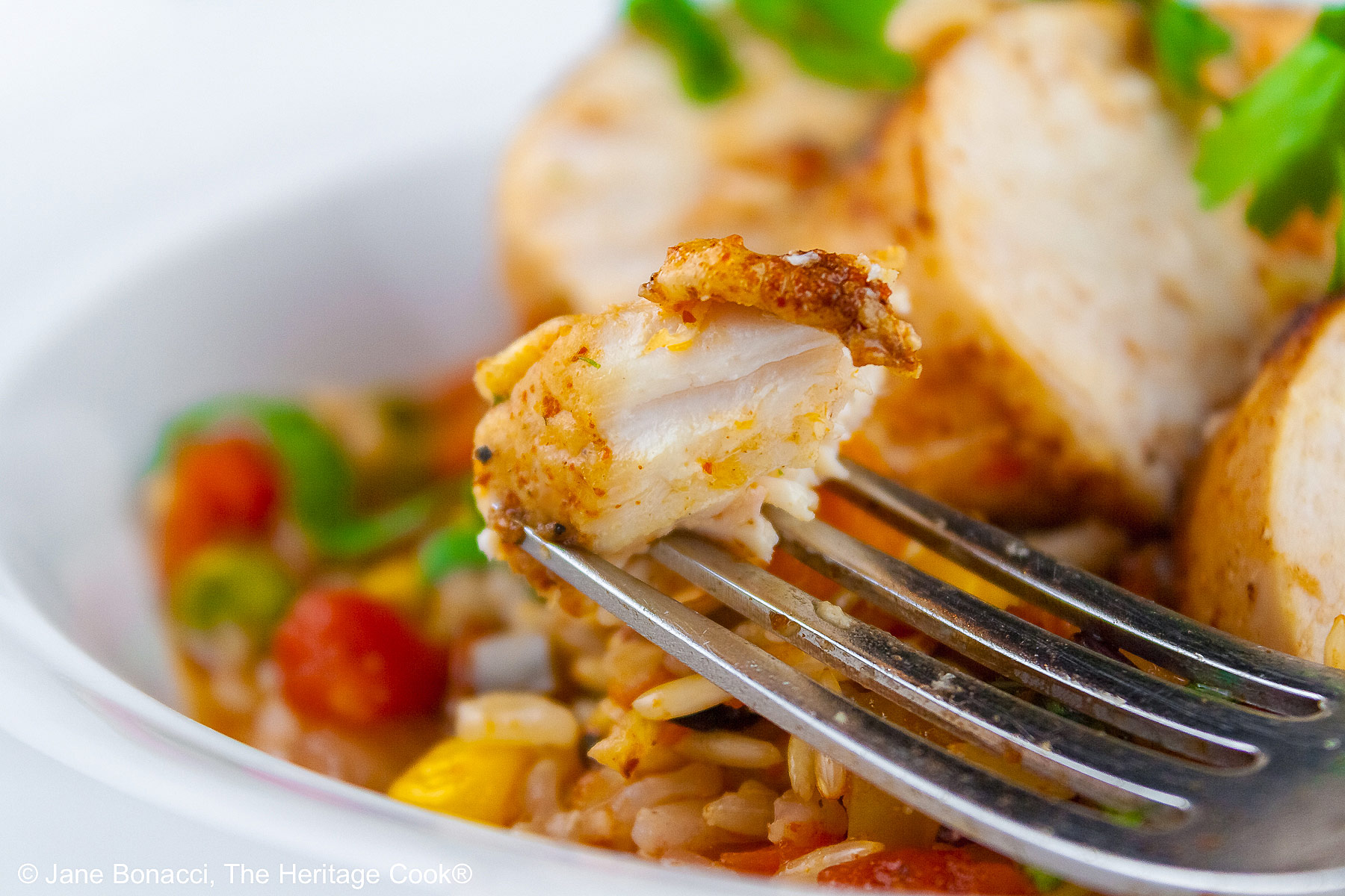Tex-Mex Arroz con Pollo with colorful rice and vegetables topped with slices of chicken breast and sprinkled with chopped cilantro/parsley in a white bowl with a wide rim © 2026 Jane Bonacci, The Heritage Cook.