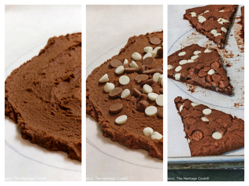 Steps of making the cookie: Spreading dough to a smaller circle than the one you drew on the parchment paper; adding the chocolate chips on top; cutting the cookie into wedges and enjoying!