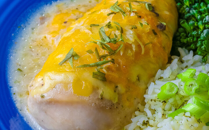 Large boneless chicken breast on a dark blue plate, topped with sauce and melted cheese, sprinkled with tarragon leaves, served with green broccolini and steamed rice dotted with herbs and sliced green onion on top, sitting on a blue and white checked cloth © 2026 Jane Bonacci, The Heritage Cook.