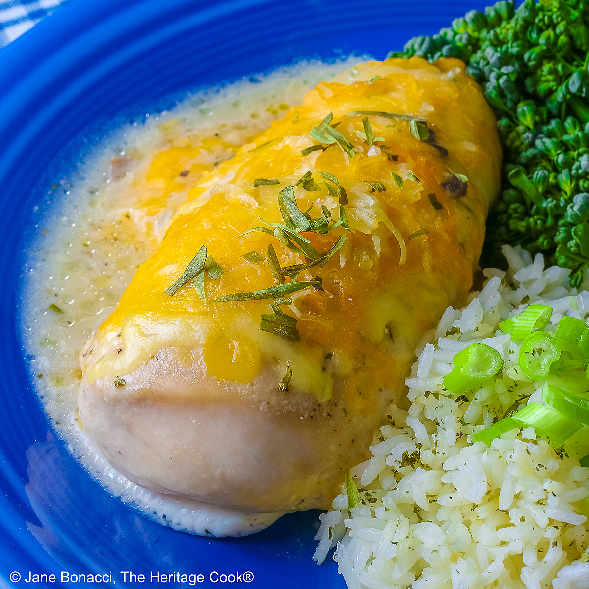 Large boneless chicken breast on a dark blue plate, topped with sauce and melted cheese, sprinkled with tarragon leaves, served with green broccolini and steamed rice dotted with herbs and sliced green onion on top, sitting on a blue and white checked cloth © 2026 Jane Bonacci, The Heritage Cook.