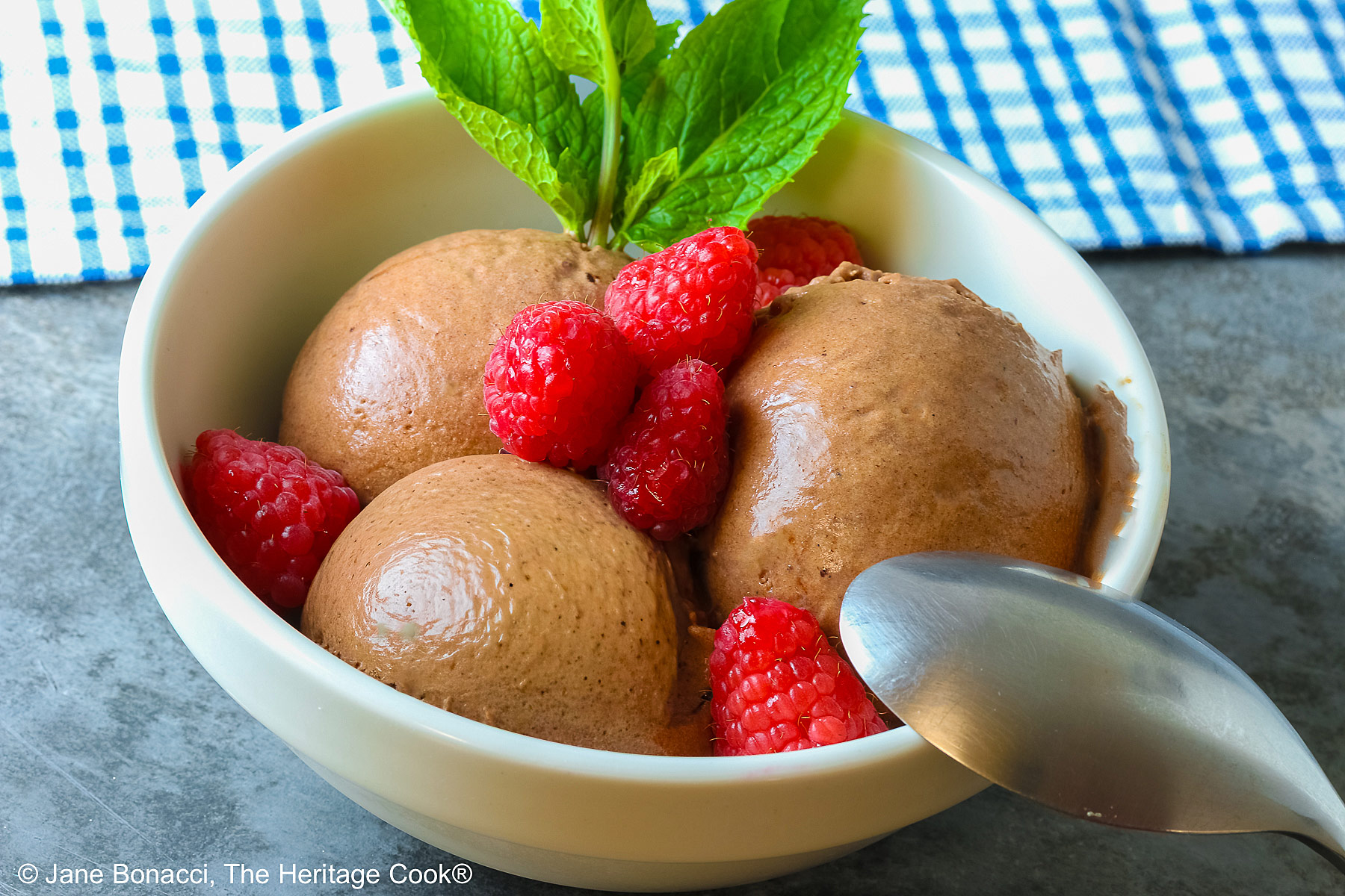 Three scoops of Double Dark Chocolate No-Churn Ice Cream topped with fresh red raspberries and a sprig of mint, sitting on a blue and white checked cloth on a mottled gray background with a spoon resting on the edge of the bowl © 2026 Jane Bonacci, The Heritage Cook.