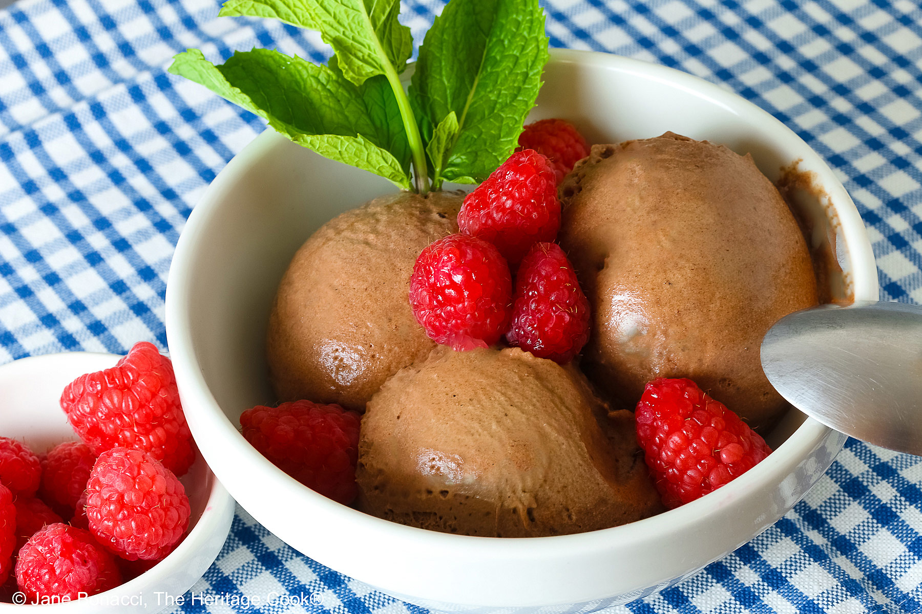 Three scoops of Double Dark Chocolate No-Churn Ice Cream topped with fresh red raspberries and a sprig of mint, sitting on a blue and white checked cloth on a mottled gray background with a spoon resting on the edge of the bowl © 2026 Jane Bonacci, The Heritage Cook.