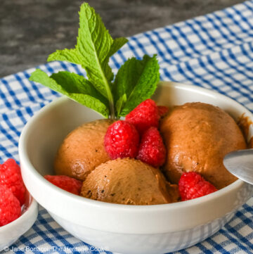 Three scoops of Double Dark Chocolate No-Churn Ice Cream topped with fresh red raspberries and a sprig of mint, sitting on a blue and white checked cloth on a mottled gray background with a spoon resting on the edge of the bowl © 2026 Jane Bonacci, The Heritage Cook.