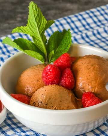 Three scoops of Double Dark Chocolate No-Churn Ice Cream topped with fresh red raspberries and a sprig of mint, sitting on a blue and white checked cloth on a mottled gray background with a spoon resting on the edge of the bowl © 2026 Jane Bonacci, The Heritage Cook.