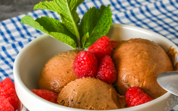 Three scoops of Double Dark Chocolate No-Churn Ice Cream topped with fresh red raspberries and a sprig of mint, sitting on a blue and white checked cloth on a mottled gray background with a spoon resting on the edge of the bowl © 2026 Jane Bonacci, The Heritage Cook.